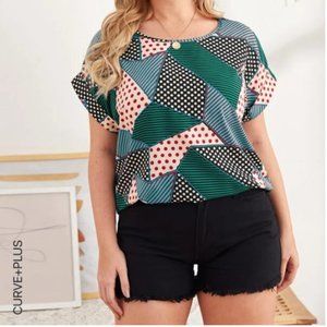 🔹️Plus Patchwork Print Roll Up Sleeve Top🔹️